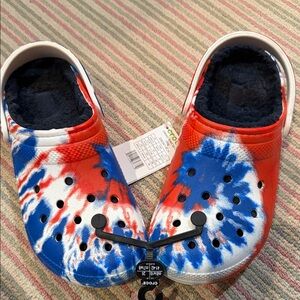 Brand new CROCS Red and Blue Tie-Dye Sandals with fur